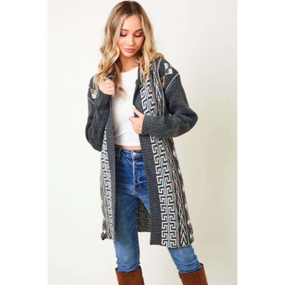 SOLD OUT Gray Native Cowichan Aztec Hooded Cardigan Sweater - Picture 4 of 9